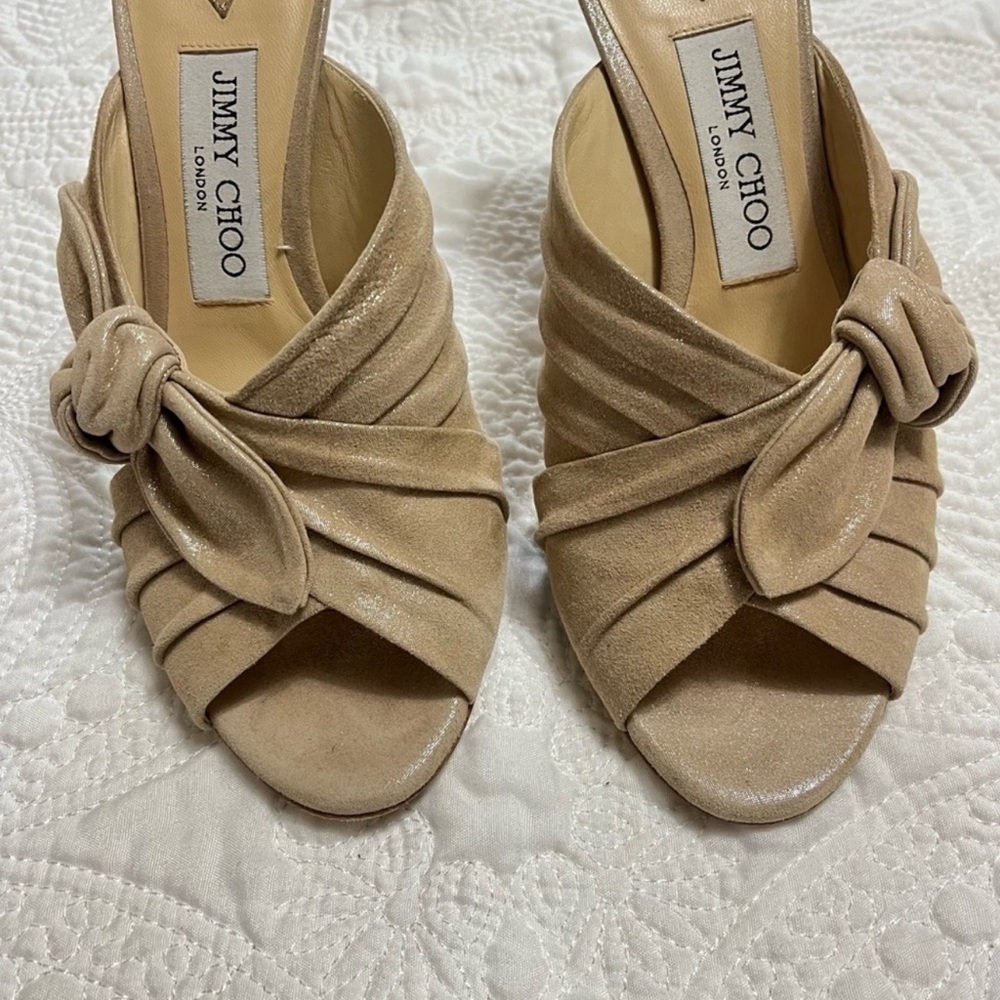 JIMMY CHOO Keely Tan Suede Leather Slide Heel  Sandal Metallic Bow Size 38